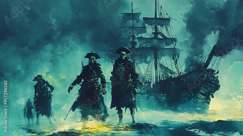 Skeleton pirate crew, cursed by ancient magic, eerie night, Watercolor style photo