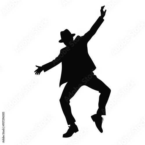 a man dancing pose with wearing stylish outfit, hat, and sports shoes, black color silhouette