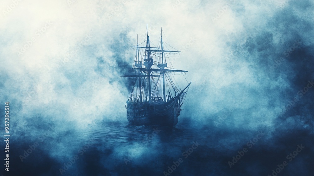Ghostly pirate ship, emerging from the depths, eerie fog, Watercolor style Ghostly pirate ship, emerging from the depths, eerie fog, Watercolor style