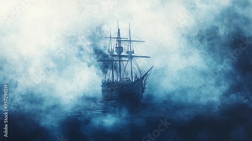 Ghostly pirate ship, emerging from the depths, eerie fog, Watercolor style photo