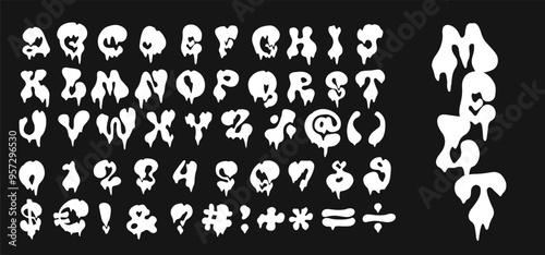 Slime melting Halloween-themed alphabet. Melted font. Hand drawn flat vector illustration.