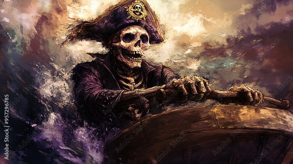 Fototapeta premium Skeleton pirate captain, steering through cursed waters, eerie glow, Watercolor style
