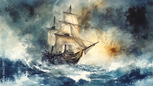 Pirate ghost ship, trapped in an eternal storm, cursed crew, Watercolor style photo