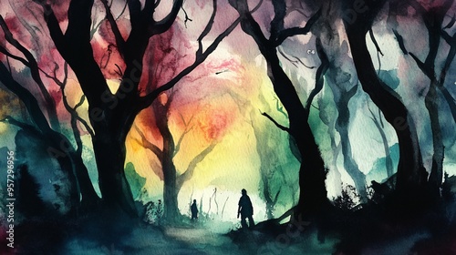 Dark forest, twisted trees, shadowy figures, Watercolor style photo