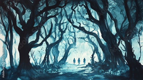 Dark forest, twisted trees, shadowy figures, Watercolor style photo