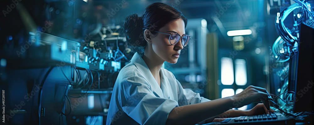 Robotics engineer using computer or laptop. robotic and digital manufacturing operation technology. copy space for text.