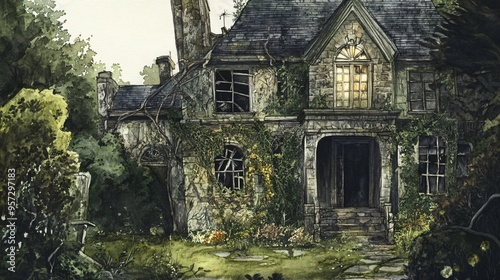 Haunted mansion, overgrown garden, broken windows, Watercolor style