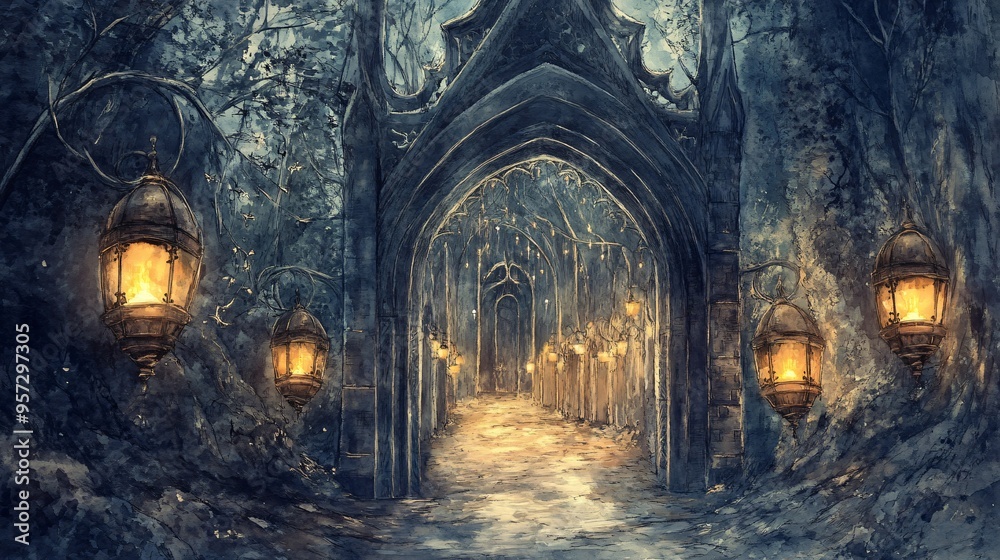 Gothic archway, flickering lanterns, winding path, Watercolor style Gothic archway, flickering lanterns, winding path, Watercolor style