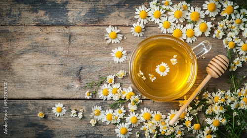 A cup of chamomile tea, surrounded by scattered chamomile flowers and a honey dipper on a wooden table photo