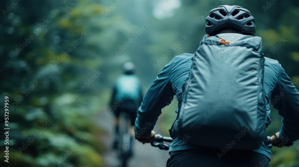 A cyclist, seen from behind, rides through a lush forest trail, surrounded by greenery. The scene conveys a sense of peace, connection with nature, and exploration.