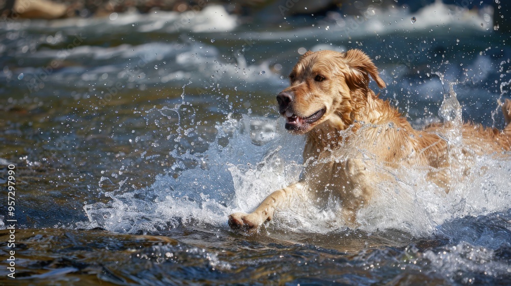 Dog in Water. Playful Dog Running and Having Fun in River Landscape Dog in Water. Playful Dog Running and Having Fun in River Landscape