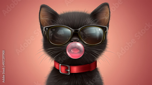 A cool black cat with sunglasses and a red collar.