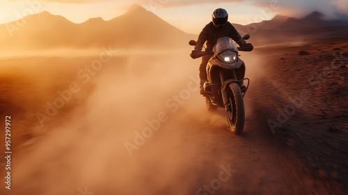 A motorbike rider moves through an arid desert landscape, leaving a trail of dust behind. The dramatic lighting and vast horizon evoke a sense of freedom and adventure. photo