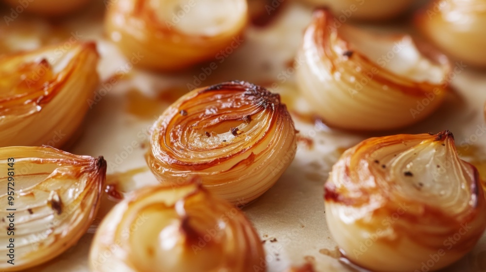A close-up of roasted shallots with their caramelized, golden-brown skins, showing the tender and flavorful result of roasting on a simple white surface. A close-up of roasted shallots with their caramelized, golden-brown skins, showing the tender and flavorful result of roasting on a simple white surface.