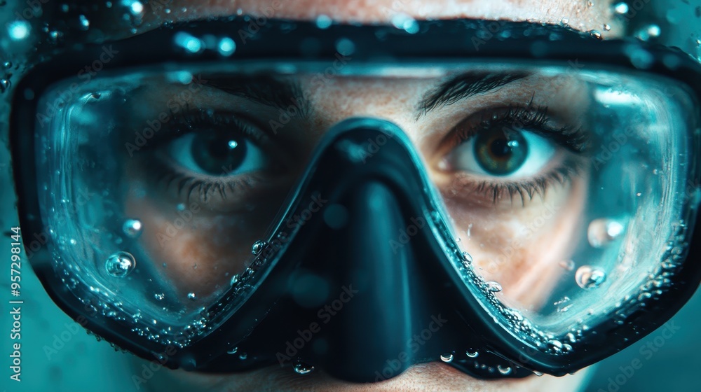 An abstract underwater scene viewed through a glass mask, capturing the frothy bubbles and soft light, creating an ethereal and captivating experience of being submerged.