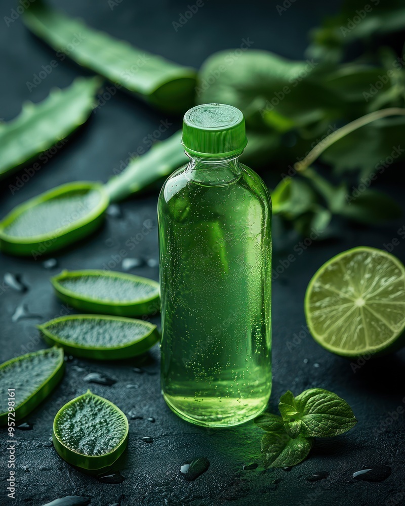 A refreshing aloe vera drink in a clear bottle with aloe leaves around A refreshing aloe vera drink in a clear bottle with aloe leaves around