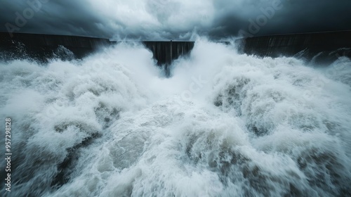 A captivating image showcasing the intense force of water rushing down from a massive dam, blending the power of nature with engineering marvels under a moody sky. photo