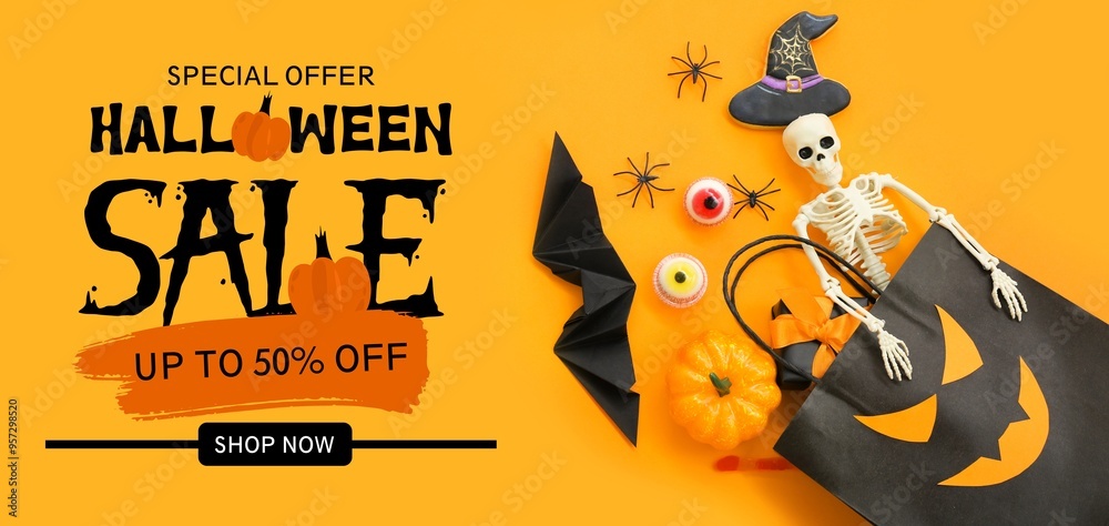 Fototapeta premium Banner for Halloween sale with decorations and shopping bag