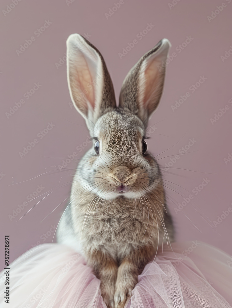 Obraz premium A cute bunny with big ears in a pastel pink setting.