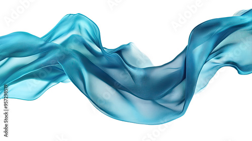 Cyan silk cloth floating on transparent white background