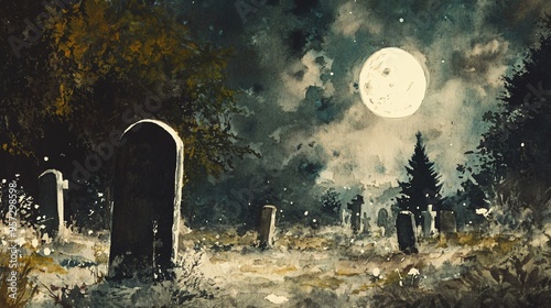 Moonlit grave, freshly dug, eerie silence, Watercolor style photo