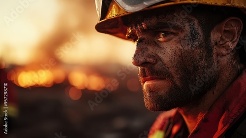 A vigilant firefighter, donned in full protective gear, is deeply engrossed in intense fire rescue operations against a backdrop of roaring flames, embodying dedication and valor. photo