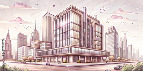 Modern office building with stylish glass exteriors stands out in a lively cityscape