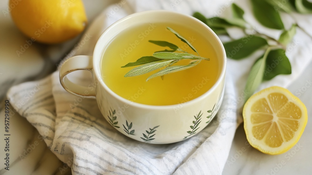 A cup of lemon verbena tea, with fresh lemon verbena leaves and a lemon twist placed on a linen napkin A cup of lemon verbena tea, with fresh lemon verbena leaves and a lemon twist placed on a linen napkin