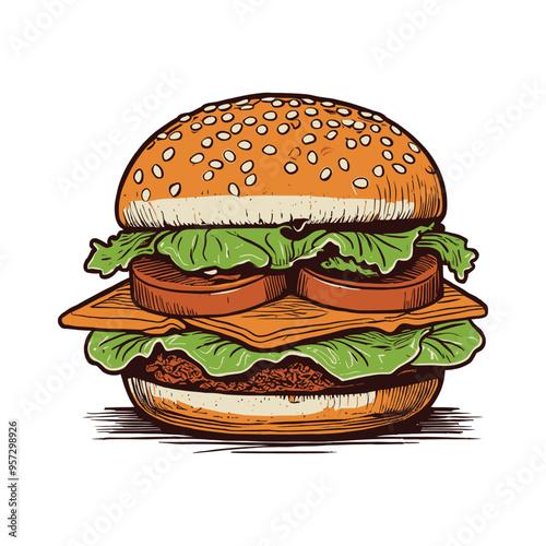 Double Layered Hamburger with Cheese and Vegetables Illustration