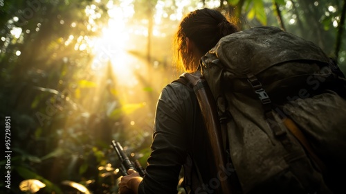 A lone hiker with a large backpack is captured from behind as they walk through the dense jungle with sunlight filtering through the trees, representing solitude and adventure. photo