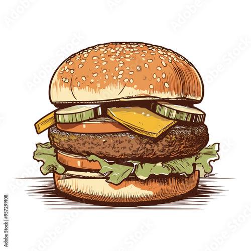 Gourmet Hamburger with Pickles and Cheese Illustration