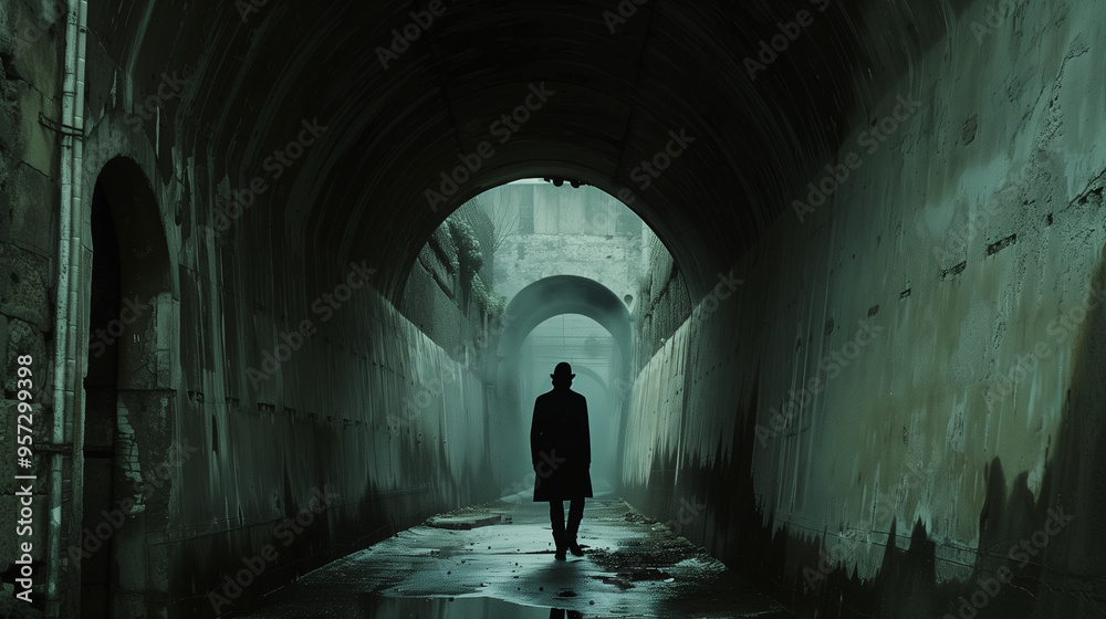 Man Walking from Behind in a Dark, Anxiety-Inducing Tunnel Man Walking from Behind in a Dark, Anxiety-Inducing Tunnel