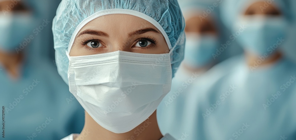 Close-up of a determined surgeon in a mask, with her team in the background, all geared up in sterile attire, highlighting the unity in healthcare