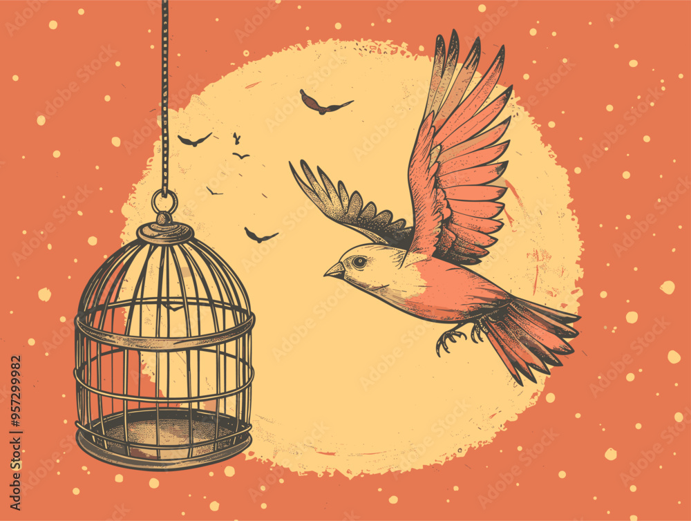 Fototapeta premium Unleashing Freedom: A Bird's Flight Out of the Cage of Confinement