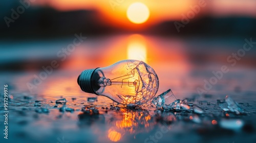 A cracked light bulb lies on a reflective surface, glistening in the vibrant orange hues of the sunset, symbolizing beauty in brokenness and the persistence of light. photo