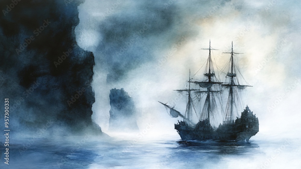 Obraz premium Ghostly ship, sailing through mist, gothic adventure, Watercolor style