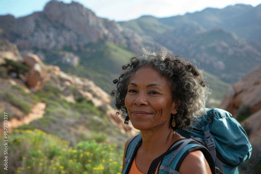 Fototapeta premium Portrait of a middle aged African American woman hiking in mountains