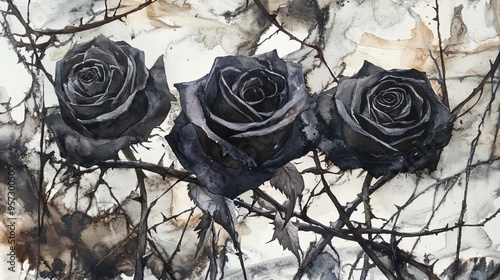 Black roses, thorns entwined, gothic garden, Watercolor style photo