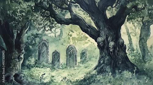 Hollow tree, gothic carvings, eerie woodland, Watercolor style photo