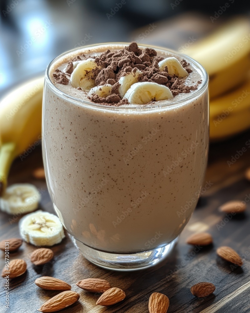 A smoothie made with protein powder, banana, and almond milk A smoothie made with protein powder, banana, and almond milk