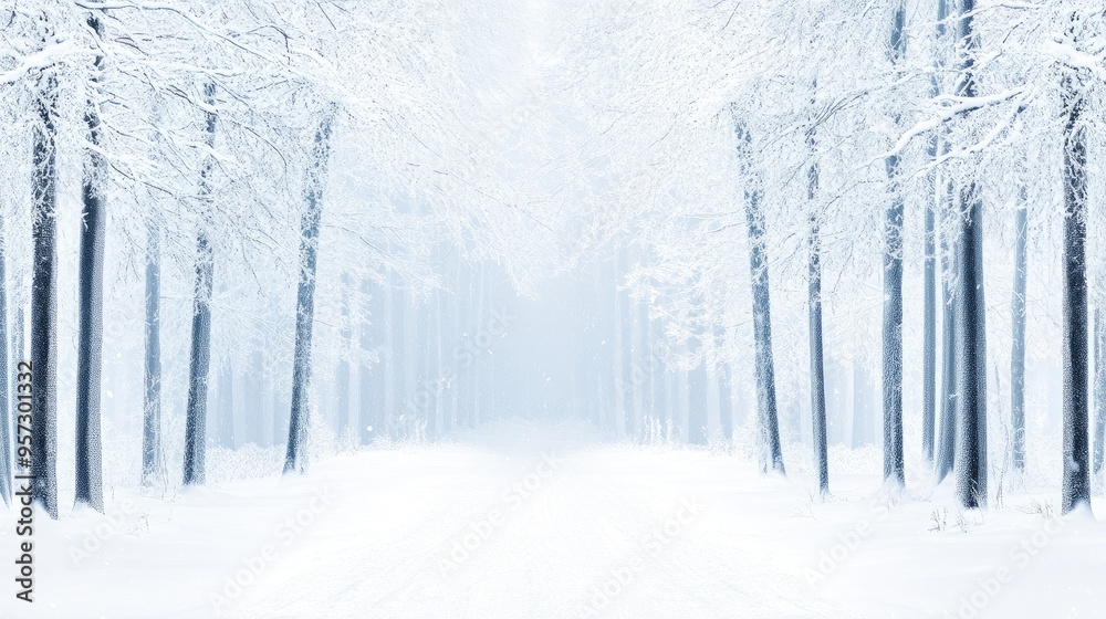 Fototapeta premium A serene winter wonderland adorned with tall snow-laden trees and a soft, powdery path winding through the enchanting forest
