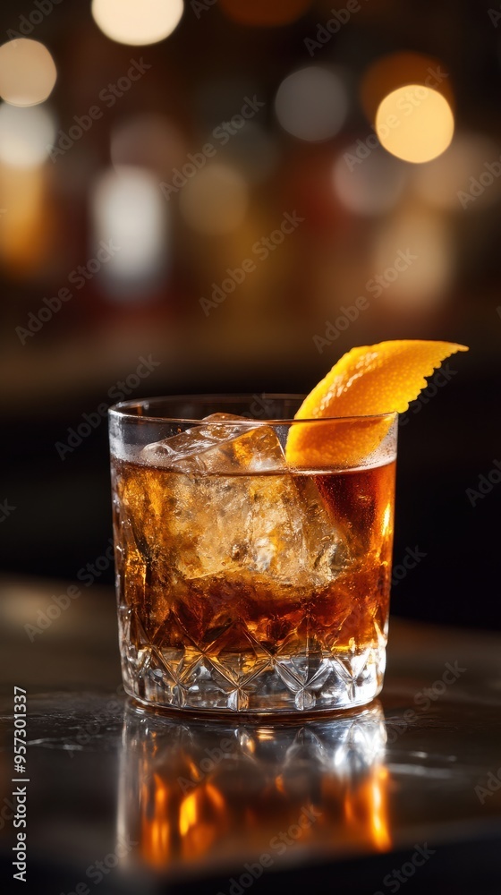 A sophisticated old fashioned cocktail with a large ice cube and orange peel A sophisticated old fashioned cocktail with a large ice cube and orange peel