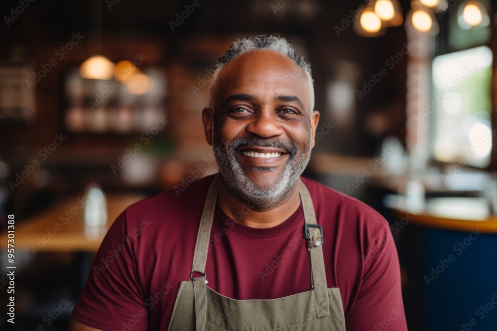 Fototapeta premium Portrait of a smiling male middle aged African American bartender
