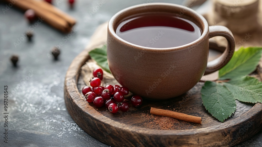 A cup of schizandra berry tea, with fresh schizandra berries and a sprinkle of cinnamon on a wooden tray A cup of schizandra berry tea, with fresh schizandra berries and a sprinkle of cinnamon on a wooden tray