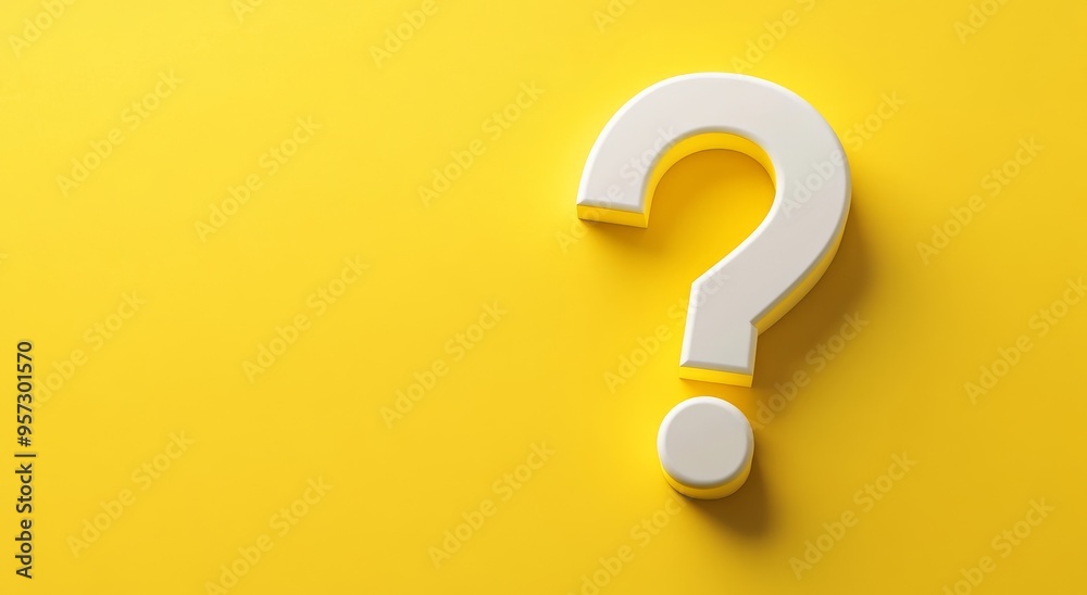 3D white question mark icon on a bright yellow background symbolizing inquiry and curiosity 3D white question mark icon on a bright yellow background symbolizing inquiry and curiosity