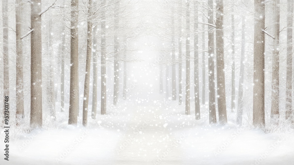 Fototapeta premium A serene winter wonderland adorned with tall snow-laden trees and a soft, powdery path winding through the enchanting forest