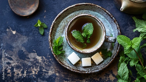 A cup of spearmint tea, with mint leaves and a few sugar cubes placed on a ceramic plate photo