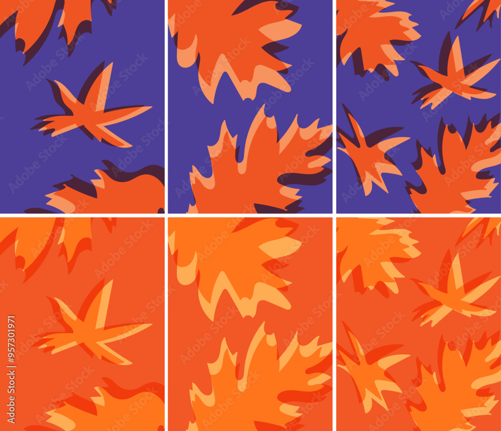 Vector Postcards Set Background With Golden Leaves Vibrant Autumn Harmony, Modern Fall Colors