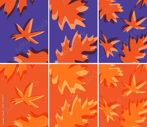Vector Postcards Set Background With Golden Leaves Vibrant Autumn Harmony, Modern Fall Colors