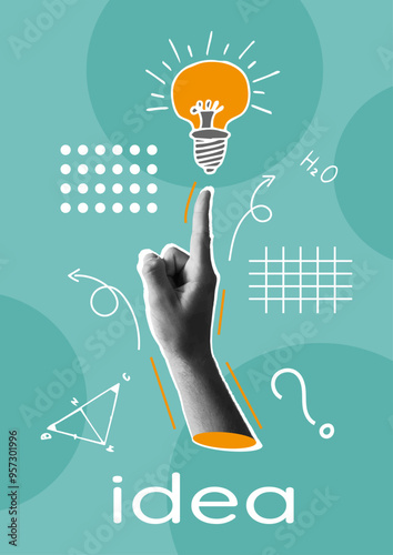 Trendy Poster Collage with Hand, Lightbulb, School Icons, Modern font. Modern Banner design of website, programming, online lessons, idea. Vector illustration Concept with simple elements and icons. 